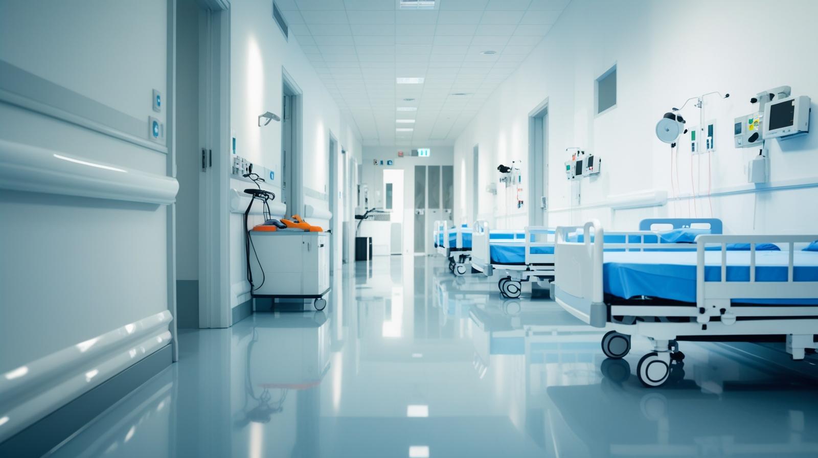 A bright, sterile hospital corridor featuring seamless light blue hygienic flooring, medical equipment, and patient beds.