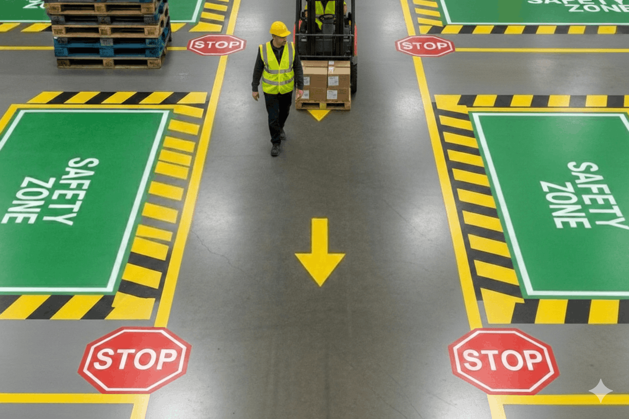 A warehouse resin floor demarcation with safety markings.